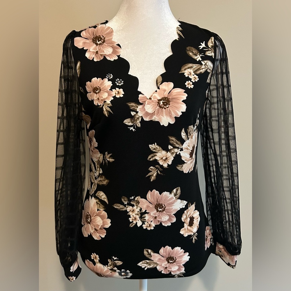 SHEIN Black Blouse with Pink Floral Pattern